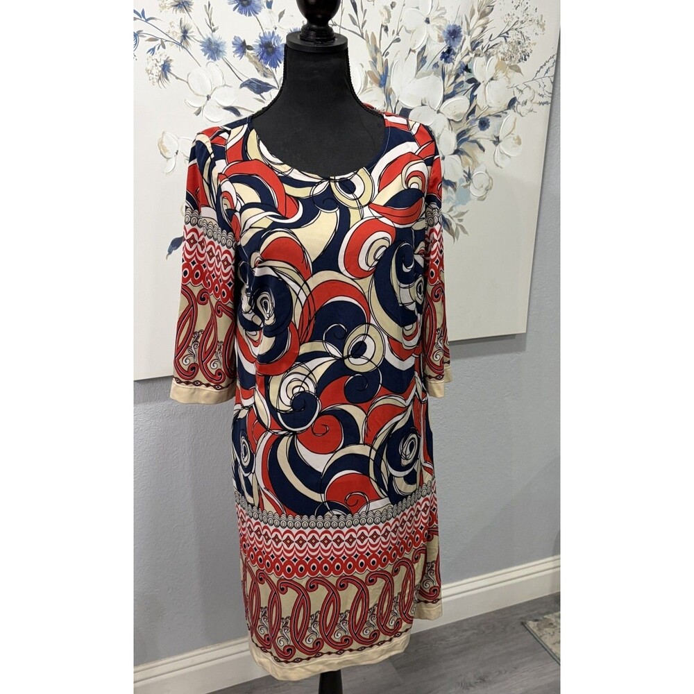 Julian Taylor New York Dress Womens 16 Red Blue Abstract Sheath 3/4 Sleeve